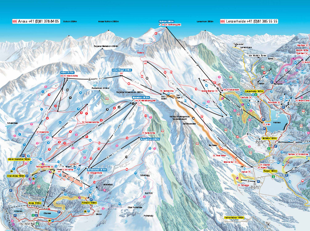 Skigebiet Lenzerheide/Valbella/Arosa in Graubünden, Pistenplan